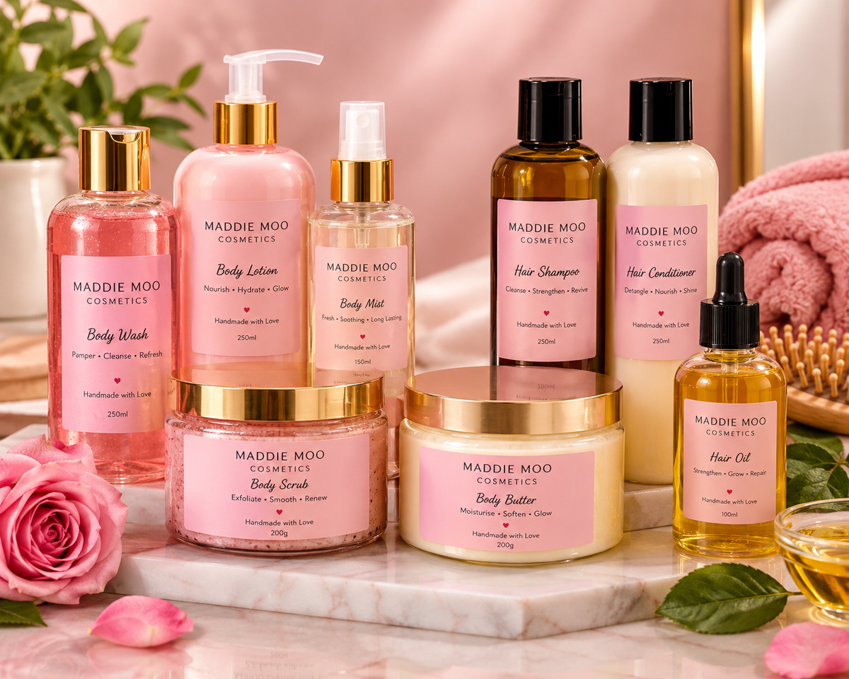 Maddie Moo Body & Hair Care products including body lotion, body wash, hair shampoo, and hair oil on a marble surface.