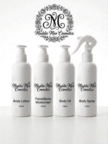 Maddie Moo Body Care collection featuring body lotion, moisturiser, oil, and spray for everyday self-care.