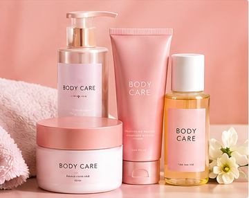 Maddie Moo Body Care collection featuring handmade body care essentials on a pink background.