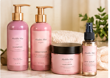 Maddie Moo Hair Products collection featuring shampoo, conditioner, hair mask, and hair serum in pink packaging.