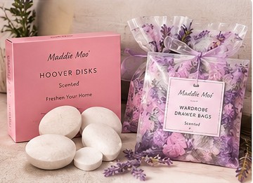 Hoover disks scented wardrobe drawer bags by Maddie Moo, featuring packaged drawer bags and scented disks.